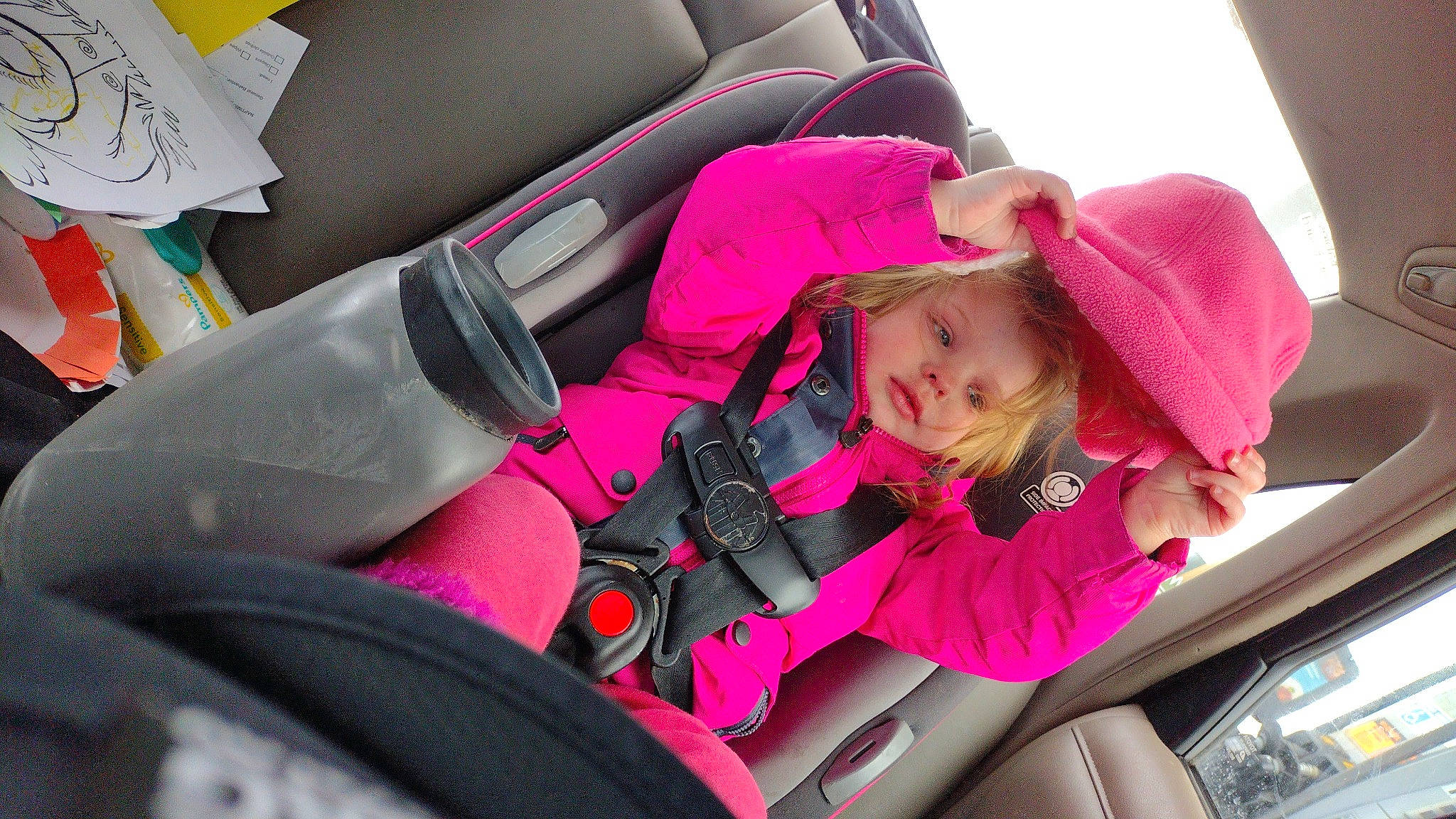 Avalon is registered to the contest to win money with this photo: auto_part, automotive_design, beauty, car_seat, car_seat_cover, child, comfort, head_restraint, magenta, mode_of_transport, motor_vehicle, person, pink, product, seat_belt, steering_part, steering_wheel, toddler, vehicle, vehicle_door