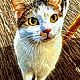 cat, yellow_eyes, whiskers, curious, pet, indoor, carpet, feline, close_up, white_fur, brown_fur, animal, domestic, looking_up, chair_leg, portrait, cute, fur, mammal, alert