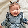Bonnie joined the competition — help win amazing prizes! baby, child, smiling, pigtails, blue_dress, velvet, texture, happy, face, portrait, infant, cute, lying_down, blanket, soft, young_child, person, indoor, hands, joyful