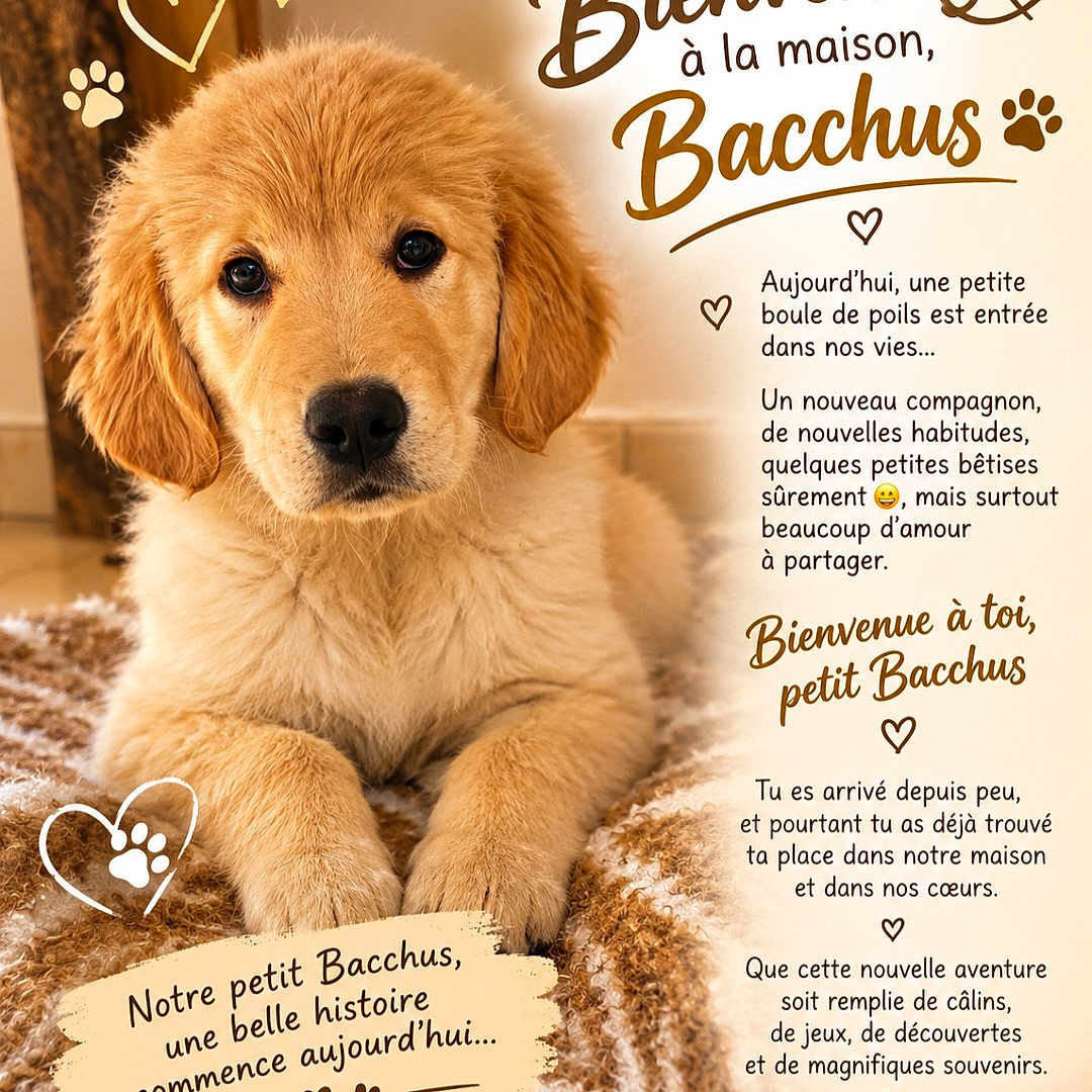 Bacchus a rejoint le concours — aidez-le/la à gagner de superbes lots ! puppy, dog, golden_retriever, golden_fur, fluffy, portrait, close_up, sitting, lying_down, indoors, blanket, carpet, brown, adorable, cute, eyes, nose, paws, hearts, text_overlay