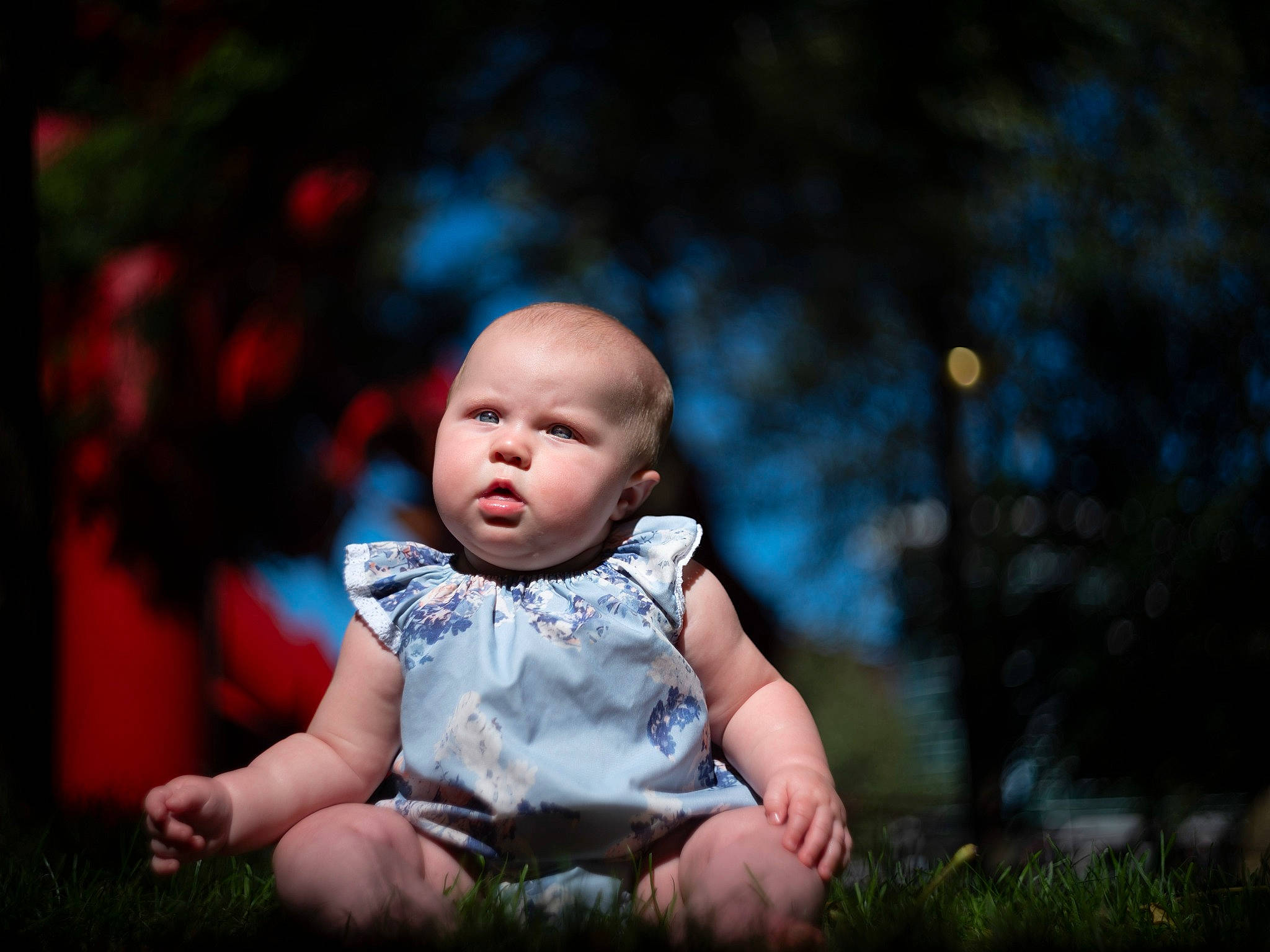Charlize is registered to the contest to win money with this photo: baby, baby_toddler_clothing, backlighting, child, darkness, flash_photography, fun, grass, happy, leaf, leisure, people_in_nature, person, plant, portrait_photography, sitting, skin, sky, sunlight, toddler