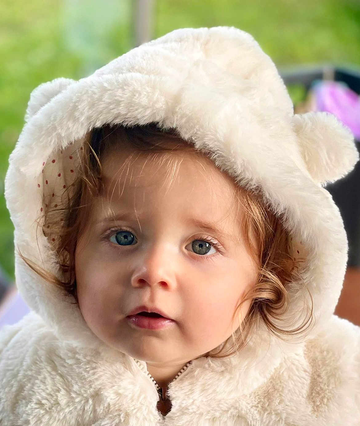Garance a rejoint le concours — aidez-le/la à gagner de superbes lots ! toddler, child, portrait, face, blue_eyes, curly_hair, hooded_jacket, fluffy, white_clothing, outdoor, green_background, cute, young_child, baby, soft_texture, closeup, winter_clothing, innocent, curious, person