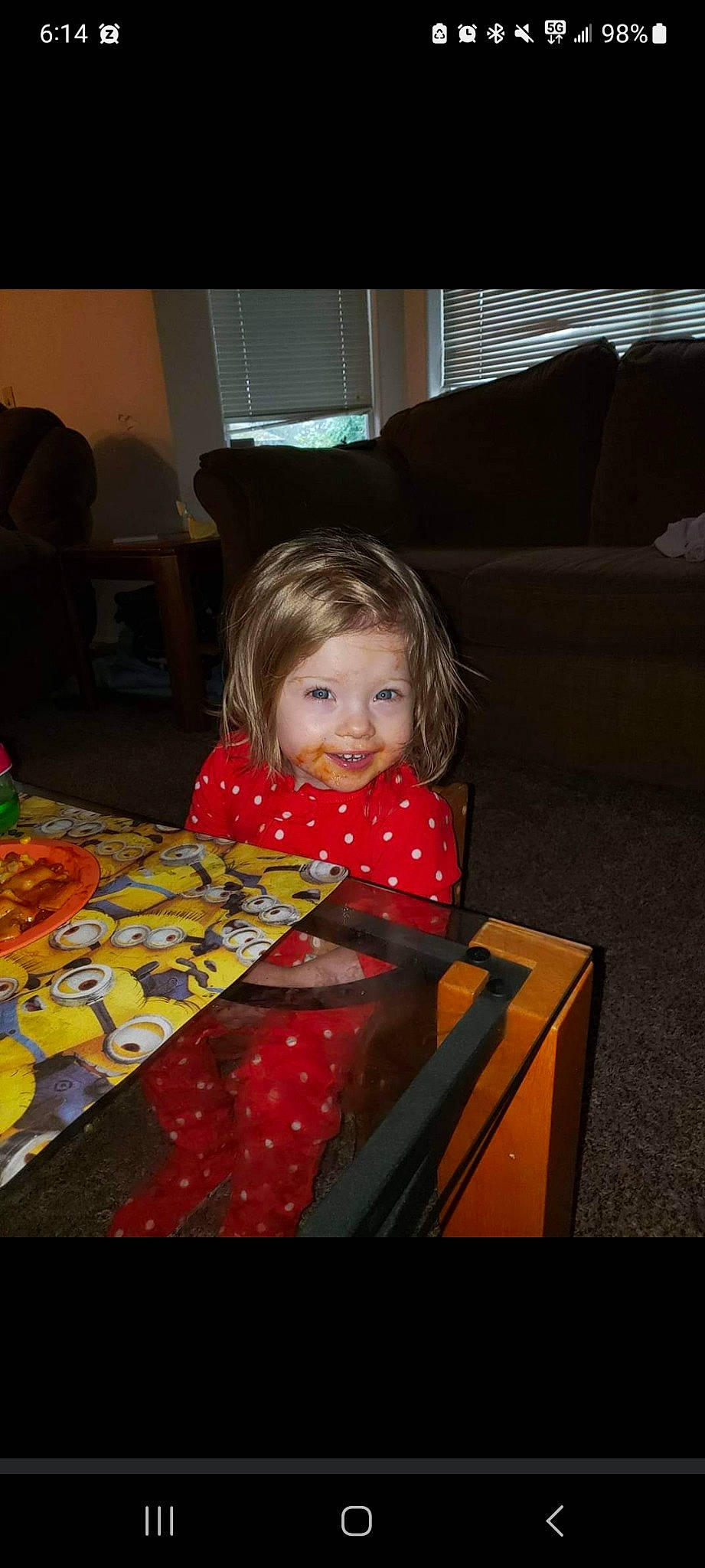 Katelynn joined the competition — help win amazing prizes! baby_toddler_clothing, chair, child, comfort, couch, dress, event, flash_photography, floor, flooring, fun, iris, joy, living_room, person, sitting, smile, table, tableware, television