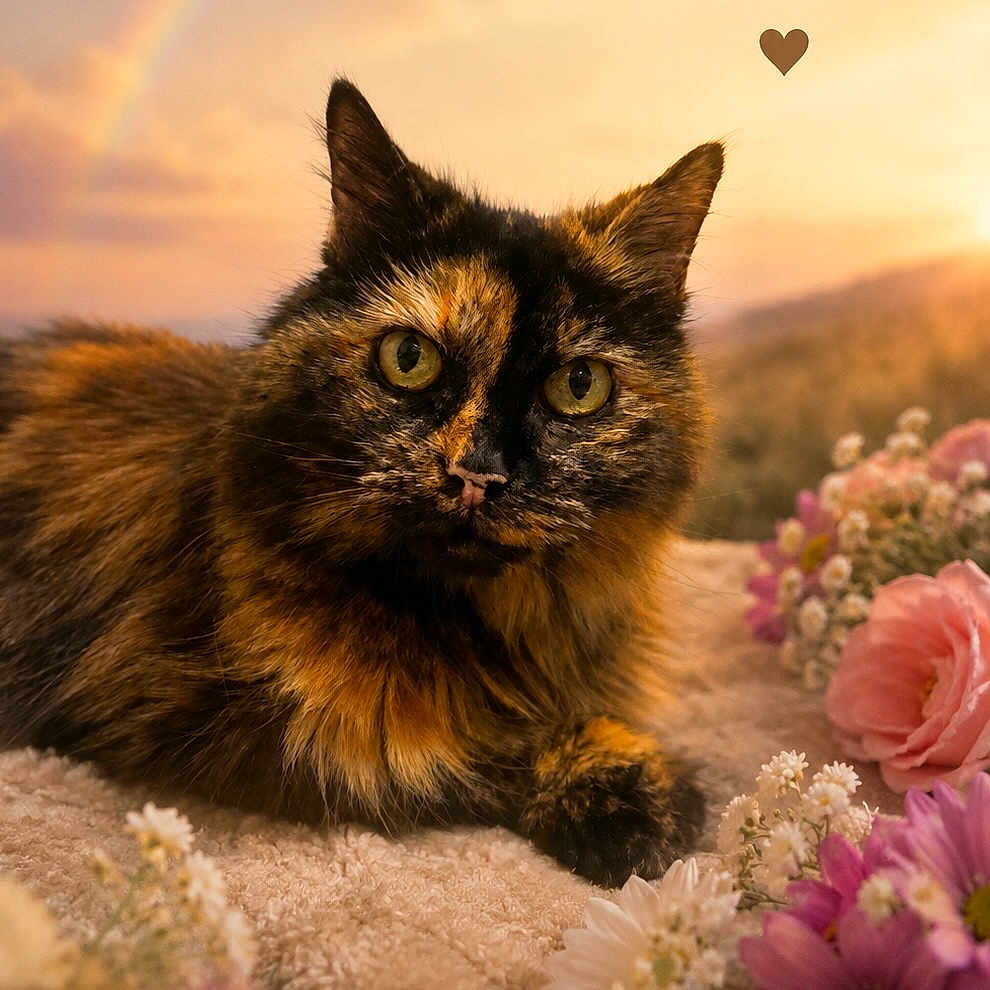 Jinx joined the competition — help win amazing prizes! cat, tortoiseshell_cat, flowers, sunset, blanket, outdoor, nature, heart_icon, closeup, pet, animal, feline, soft_light, pink_flowers, white_flowers, purple_flowers, relaxing, portrait, warm_colors, scenery