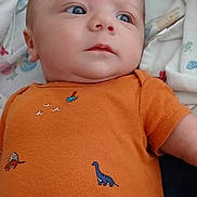 Nathaniel joined the competition — help win amazing prizes! baby, infant, onesie, orange_clothing, dinosaur_print, blue_eyes, blanket, soft_fabric, lying_down, child, cute, portrait, casual, indoor, young_child, face, skin, head, expression, clothing