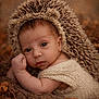 autumn, baby, blanket, child, costume, cozy, cute, expression, face, hedgehog_hat, infant, knitted_clothing, leaves, lying_down, nature, pinecone, portrait, soft_light, warm_colors, young_child