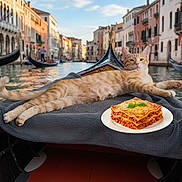 Cheeto joined the competition — help win amazing prizes! cat, orange_tabby, gondola, venice, canal, water, blanket, lasagna, food, plate, building, architecture, river, outdoor, relaxing, travel, tourist, cityscape, sunlight, sky