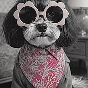 Zoie joined the competition — help win amazing prizes! dog, sunglasses, bandana, indoor, pet, fashion, portrait, black_and_white, cute, small_dog, fur, accessory, lamp, furniture, carpet, hairstyle, animal, sitting, decor, funny