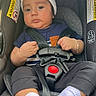 baby, beanie, car_seat, casual, child, clothing, cute, expressionless, harness, indoors, infant, person, portrait, restraint, safety, seat, sitting, socks, straps, young