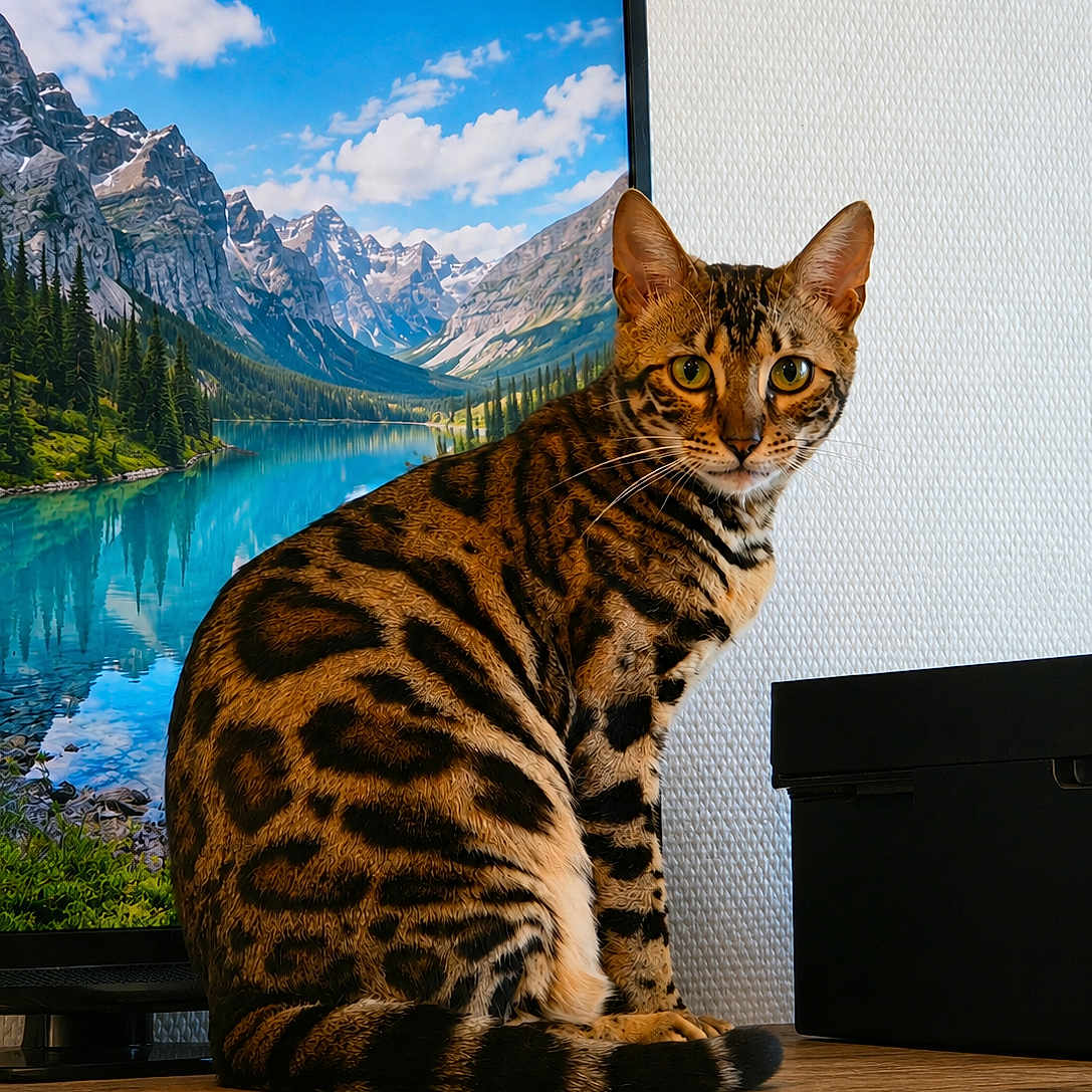 Athéna participe au concours pour gagner de l'argent avec cette photo : cat, bengal_cat, animal, pet, feline, striped, spotted, sitting, wooden_surface, television, landscape, mountains, lake, indoor, curious, orange_eyes, fur, tail, box, wall