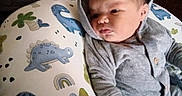 Zy'Lyn is registered to the contest to win money with this photo: baby, infant, onesie, hooded_clothing, dinosaur_pattern, pillow, face, indoor, furniture, dresser, baby_boy, newborn, person, portrait, hand, room, soft_lighting, expression, couch, baby_gear