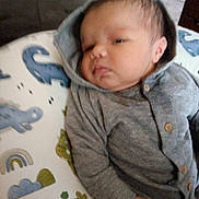 Zy'Lyn is registered to the contest to win money with this photo: baby, infant, hoodie, gray_clothing, sleepy, cushion, pattern, animal_print, indoor, child, person, cute, soft_lighting, relaxed, portrait, newborn, small_hand, face, seated, cozy