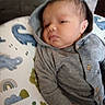baby, infant, hoodie, gray_clothing, sleepy, cushion, pattern, animal_print, indoor, child, person, cute, soft_lighting, relaxed, portrait, newborn, small_hand, face, seated, cozy