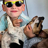 Inca participe au concours pour gagner de l'argent avec cette photo : child, dog, pet, portrait, sunglasses, smiling, cuddling, indoors, kitchen, blanket, couch, relaxed, upside_down, black_and_white_dog, brown_dog, short_hair, family, companion, playful, photography