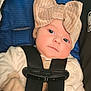 adorable, baby, baby_gloves, blue_eyes, bow_hat, bundle, car_seat, child, closeup, clothing, cute, face, headwear, indoors, infant, portrait, seatbelt, soft_lighting, warm_clothing, young_child