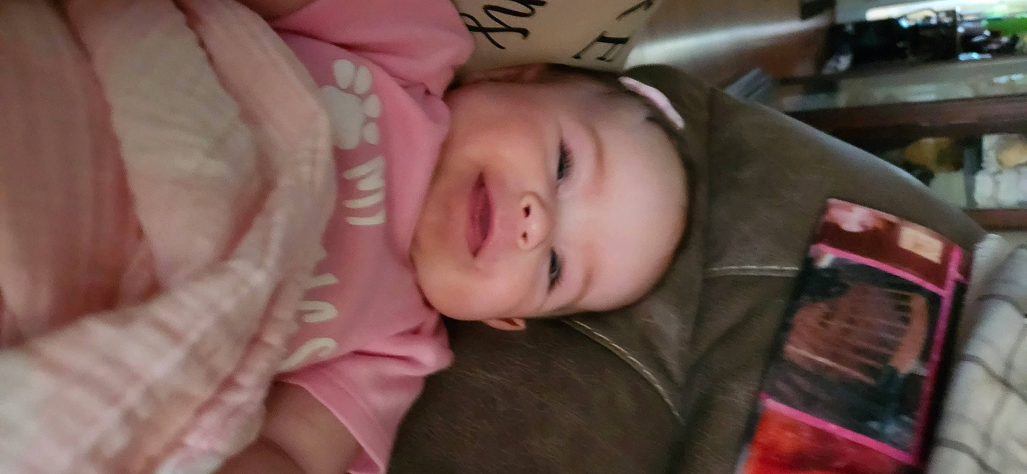 Oaklyn is registered to the contest to win money with this photo: baby, baby_toddler_clothing, cheek, comfort, ear, eye, eyebrow, flash_photography, fun, happy, iris, lip, mouth, nose, person, pink, skin, sleeve, smile, textile