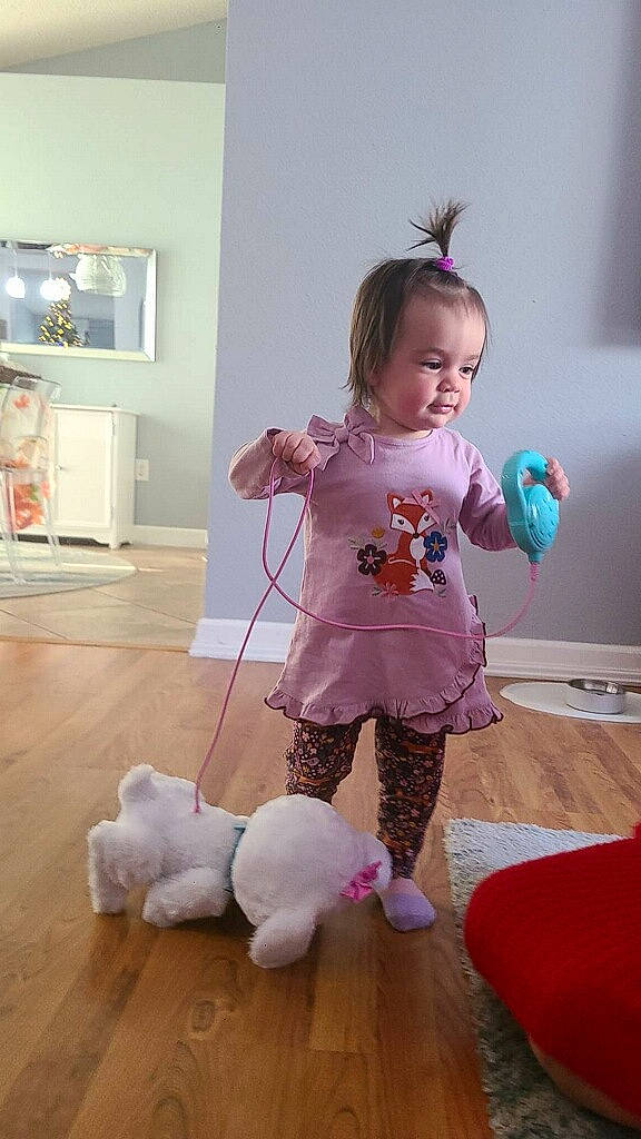 Jade is registered to the contest to win money with this photo: baby, baby_toddler_clothing, child, companion_dog, floor, flooring, fun, happy, hardwood, human_body, magenta, person, pink, play, purple, room, sitting, standing, toddler, wood