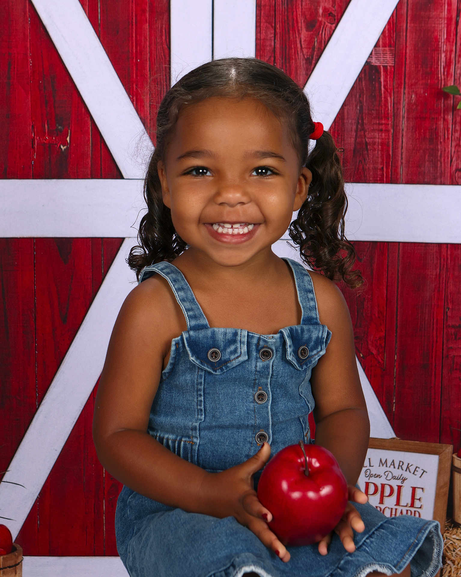 Milania joined the competition — help win amazing prizes! child, toddler, smiling, denim_dress, pigtails, apple, red_apple, holding, portrait, studio, barn_backdrop, rustic, happy, cute, face, person, young_child, seated, indoor, photography