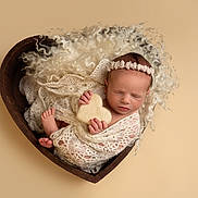 Elora-Rose joined the competition — help win amazing prizes! newborn, baby, sleeping, heart_shaped_bowl, knit_blanket, wool, headband, soft_toy, peaceful, infant, wrapped, cozy, cute, portrait, studio, warm_colors, skin, tiny_feet, hand, resting