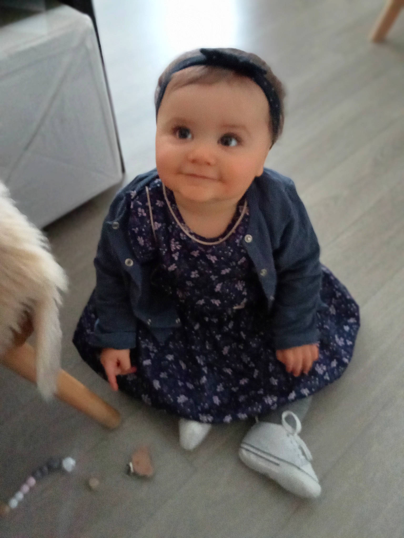 Inès participe au concours pour gagner de l'argent avec cette photo : baby, baby_toddler_clothing, carnivore, cheek, child, floor, flooring, foot, fun, happy, hardwood, human_leg, iris, person, sitting, skin, sleeve, smile, toddler, toy_dog