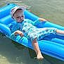 Agathe a rejoint le concours — aidez-le/la à gagner de superbes lots ! child, inflatable_raft, water, swimsuit, cap, summer, relaxing, floating, outdoor, sunlight, water_droplets, calm_water, blue, young_child, leisure, vacation, beach, foot_in_water, pensive, daytime