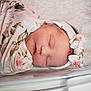 baby, bassinet, close_up, cute, face, floral_pattern, headband, hospital, indoors, infant, newborn, peaceful, person, portrait, resting, sleeping, soft_light, swaddle, wrapped, young_child