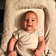 Luka participe au concours pour gagner de l'argent avec cette photo : baby, infant, smiling, cushion, soft, changing_pad, white_clothing, indoor, happy, child, person, skin, face, cute, young, small, pale, lying_down, comfort, peaceful