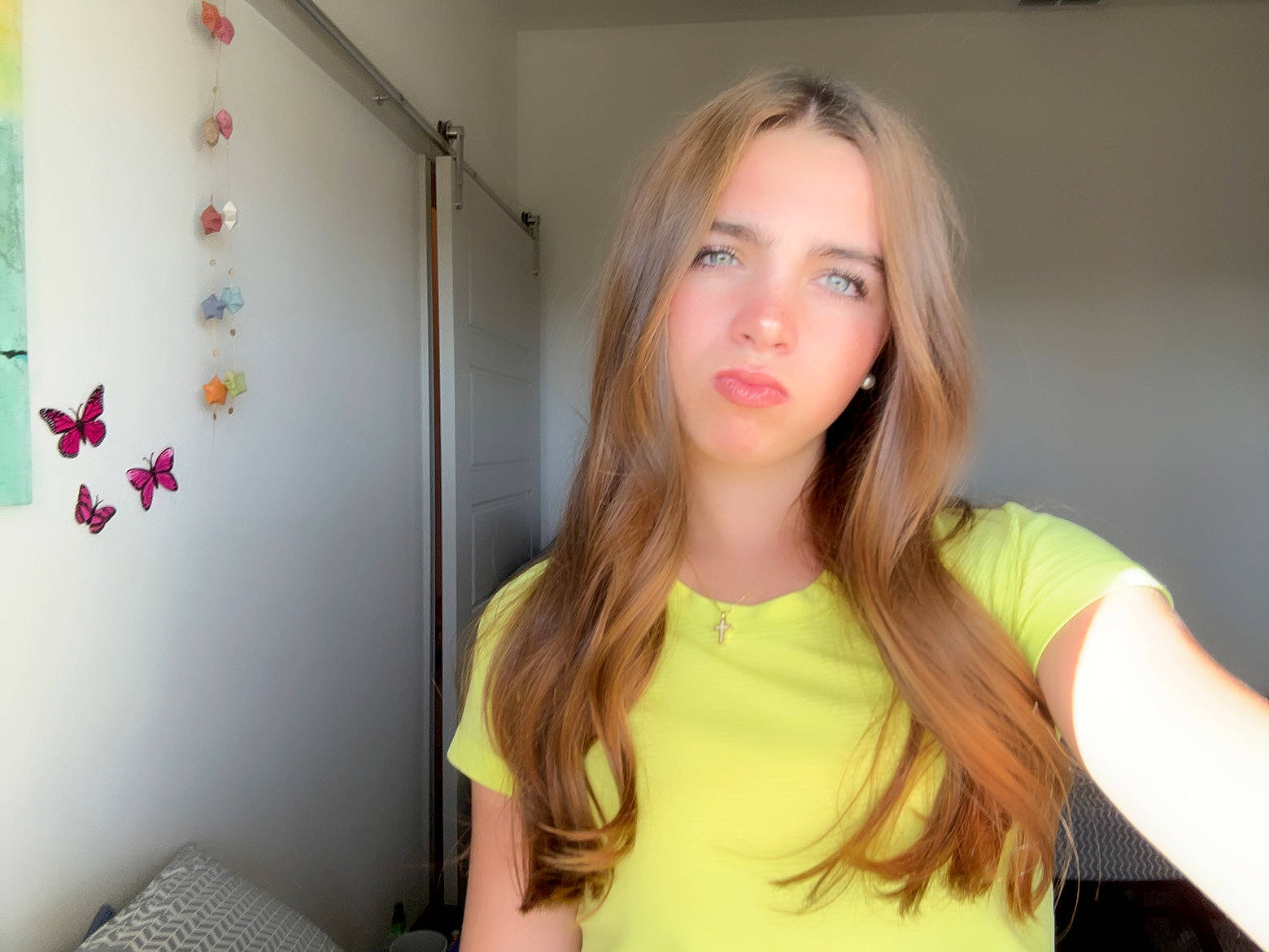 Lila joined the competition — help win amazing prizes! blond, brown_hair, child, elbow, eyelash, flash_photography, fun, gesture, happy, human_leg, joint, layered_hair, lip, long_hair, person, sitting, sleeve, t_shirt, thigh, throat