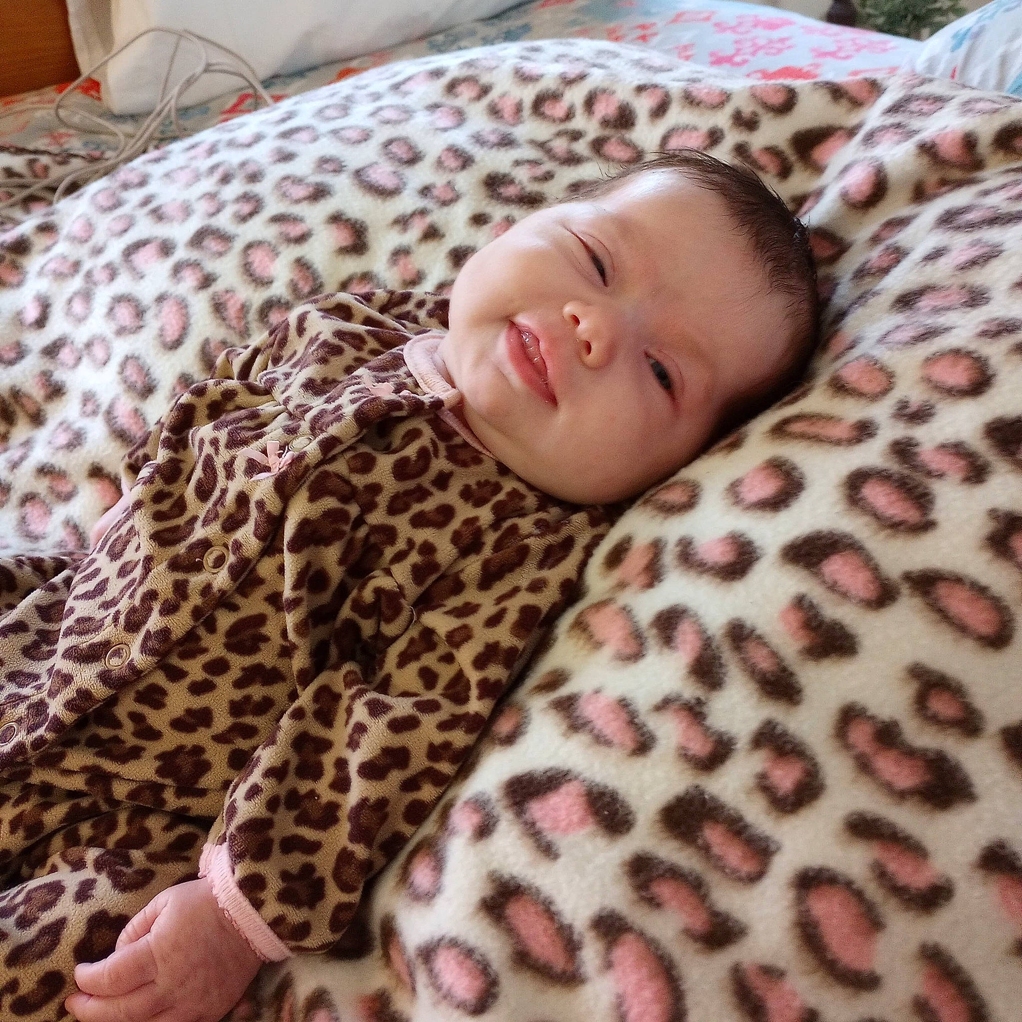 Justice is registered to the contest to win money with this photo: baby, baby_toddler_clothing, bedding, child, comfort, felidae, flowerpot, fur, linens, pattern, person, room, skin, sleep, sleeve, smile, terrestrial_animal, textile, toddler, wood