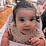 baby, child, close_up, curious, curly_hair, cute, expression, face, food, furniture, hands, high_chair, indoors, infant, messy, messy_hair, person, portrait, smocked_dress, wood_floor