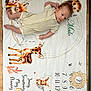 baby, baby_photo, blanket, bunny, child, cute, deer, floor, fox, hedgehog, infant, lying_down, milestone, milestone_blanket, month_marker, portrait, striped_onesie, wooden_arrow, wooden_circle, woodland_animals