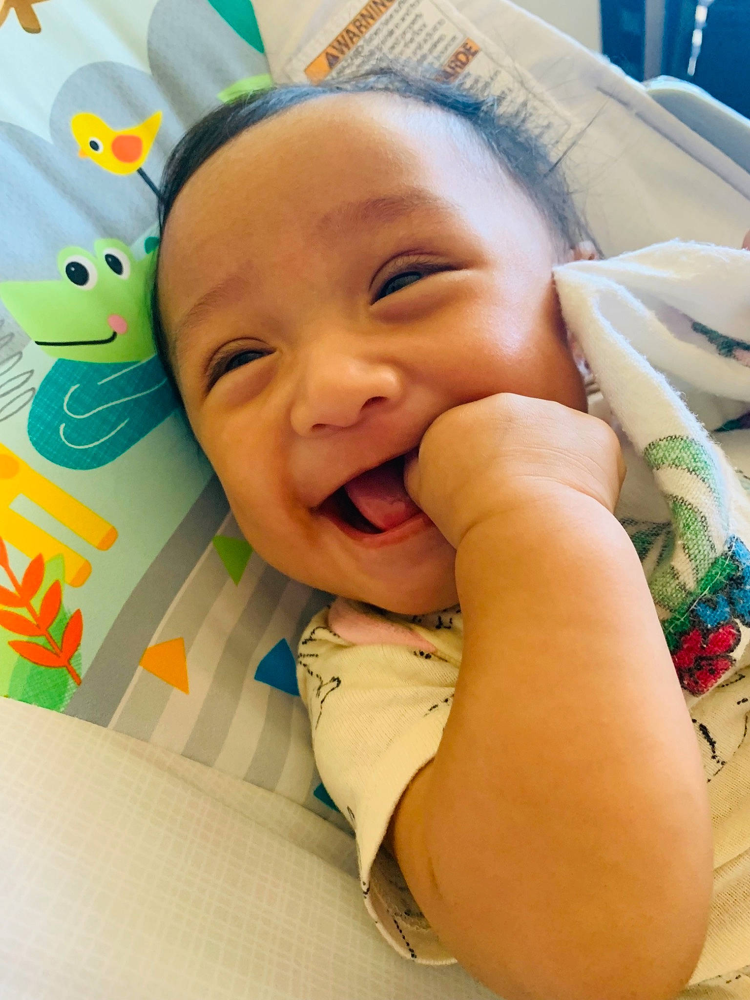 Peyten is registered to the contest to win money with this photo: baby, baby_laughing, baby_products, baby_toddler_clothing, bedtime, cheek, child, comfort, face, finger, fun, happy, iris, leisure, linens, mouth, nose, person, skin, smile
