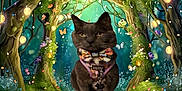 Tootsie Roll is registered to the contest to win money with this photo: animal, bowtie, butterflies, cat, colorful, cute, fantasy, flowers, forest, gray_cat, greenery, harness, lanterns, magical, nature, outdoor, pet, sitting, whimsical, whiskers