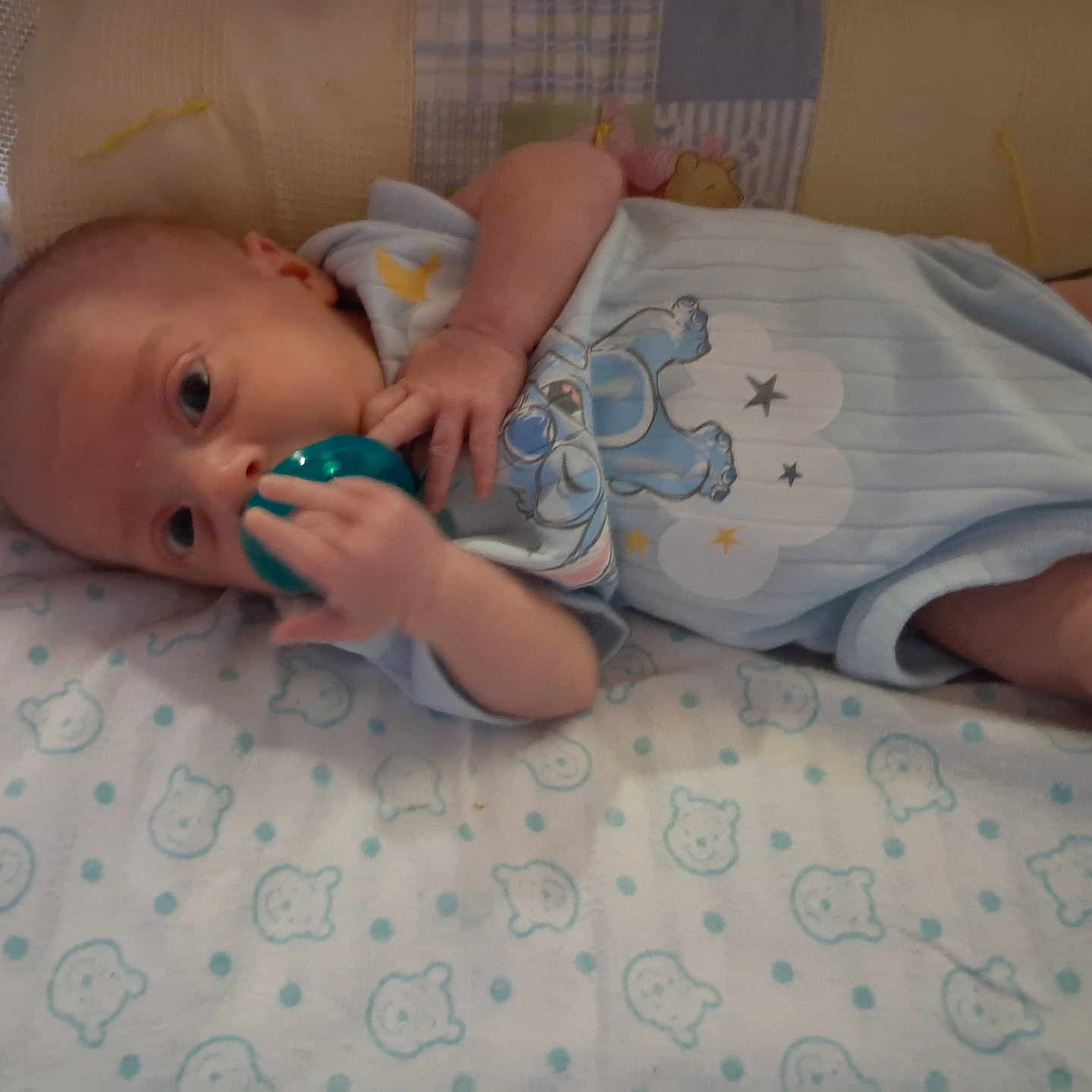Noah joined the competition — help win amazing prizes! baby, infant, pacifier, blue_outfit, elephant_design, blanket, patterned_blanket, cushion, sleeping_area, indoor, child, cute, small_hands, lying_down, soft_lighting, portrait, newborn, cozy, comfort, resting