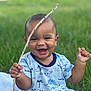 baby, babylaughing, bodypart, clothing, dress, face, finger, grass, hand, happy, head, laughing, lawn, outdoors, person, photography, plant, portrait, smile, t_shirt