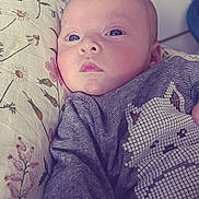 Priam a rejoint le concours — aidez-le/la à gagner de superbes lots ! baby, infant, face, blue_eyes, pillow, floral_pattern, clothing, striped, cute, portrait, indoors, child, soft_light, expression, young, person, head, lying_down, cozy, baby_outfit