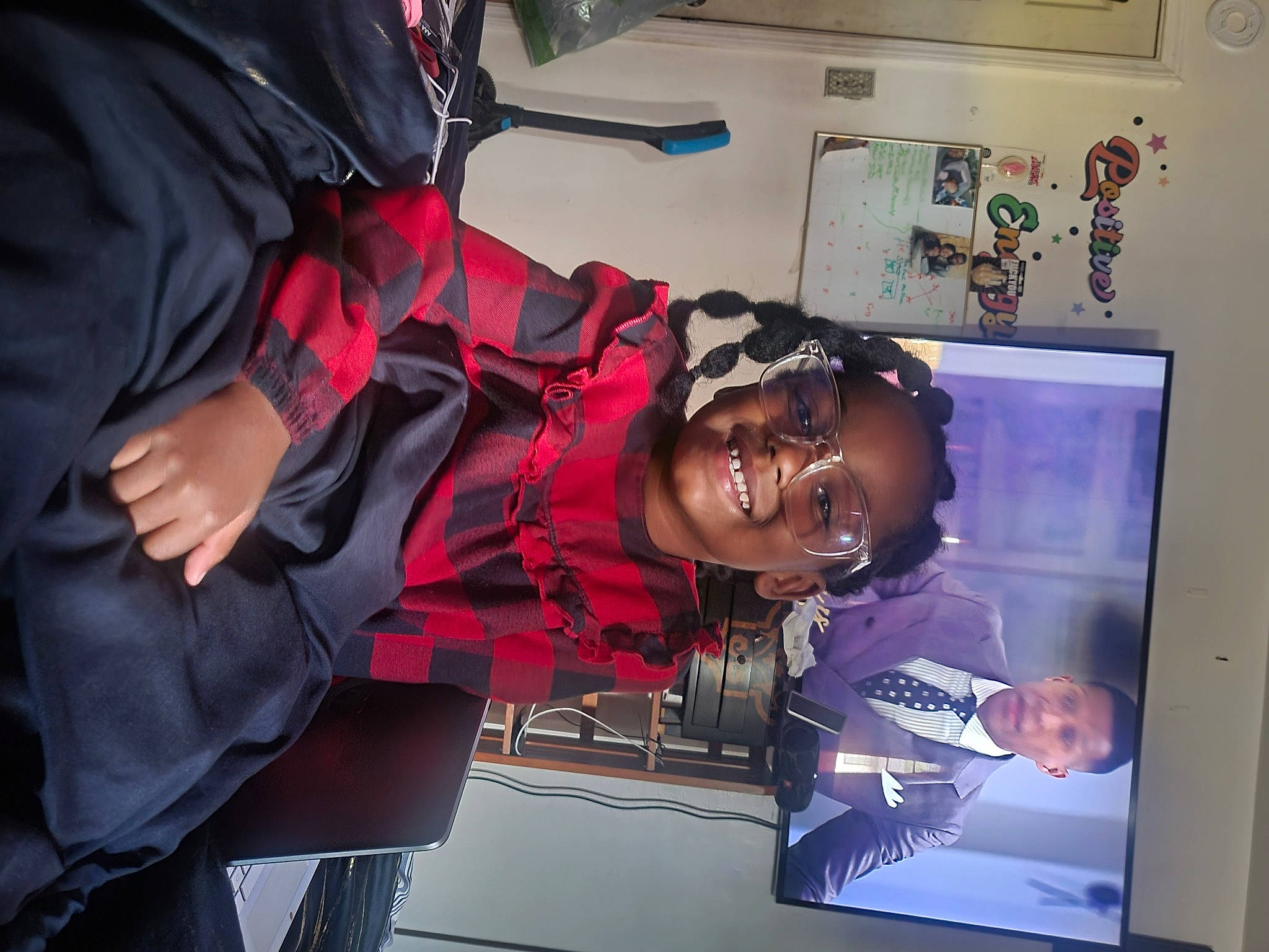 Kali joined the competition — help win amazing prizes! collar, display_device, event, eyewear, fun, happy, job, joy, machine, magenta, pattern, person, plaid, room, smile, tartan, tie