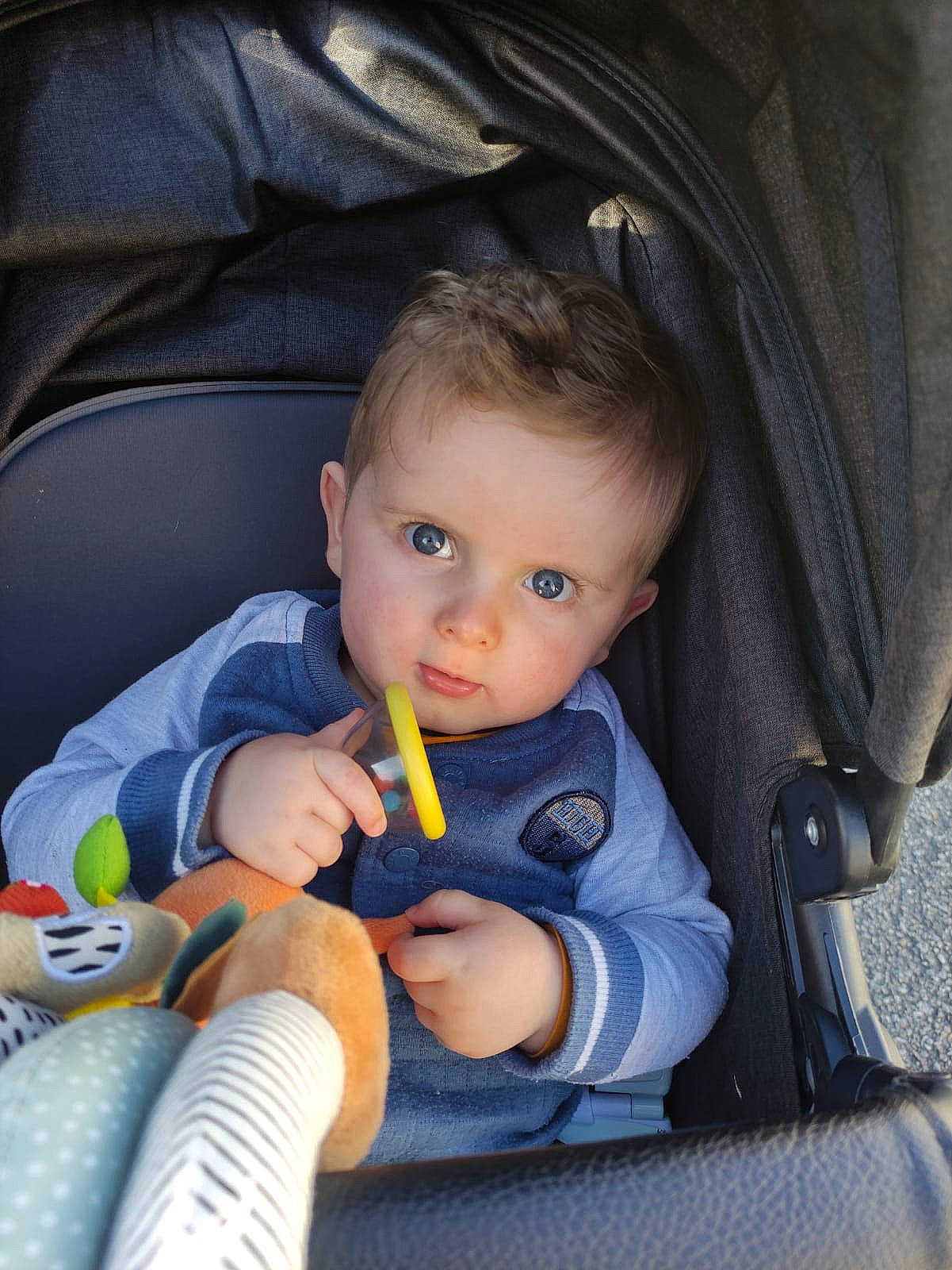 Aaron participe au concours pour gagner de l'argent avec cette photo : arm, auto_part, baby, baby_carriage, baby_toddler_clothing, car_seat, chair, cheek, child, comfort, electric_blue, eye, finger, hand, iris, lap, person, product, sitting, skin