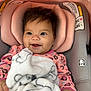 Isabella joined the competition — help win amazing prizes! baby, infant, car_seat, blanket, pink, grey, smile, happy, face, hair, clothing, pattern, heart, hand, cozy, child, person, indoor, seat, cute