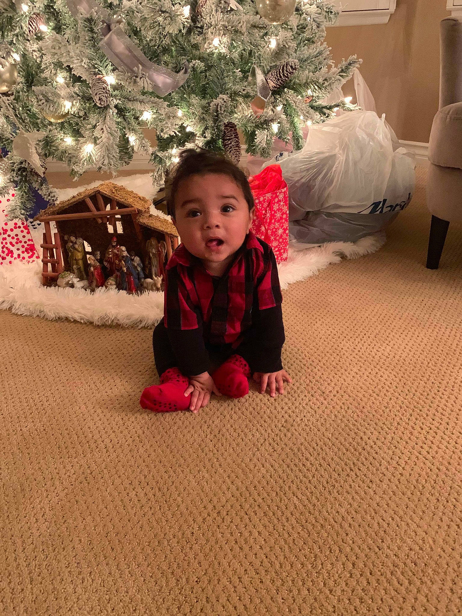 Isaias joined the competition — help win amazing prizes! carpet, child, christmas, day, floor, flooring, fun, girl, holiday, infant, person, play, red, skin, surprise, textile, toddler, vacation