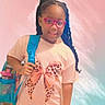 Saraya is registered to the contest to win money with this photo: backpack, bow_print, braided_hair, casual_wear, child, cute, digital_photo, fashion, girl, glasses, happy, indoor, pastel_background, person, pink_clothing, portrait, shorts, smiling, text_overlay, tshirt
