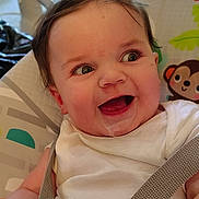 Casey joined the competition — help win amazing prizes! baby, infant, smile, drool, high_chair, straps, face, happy, child, clothing, indoor, person, cute, expression, playful, monkey, background, seat, closeup, young