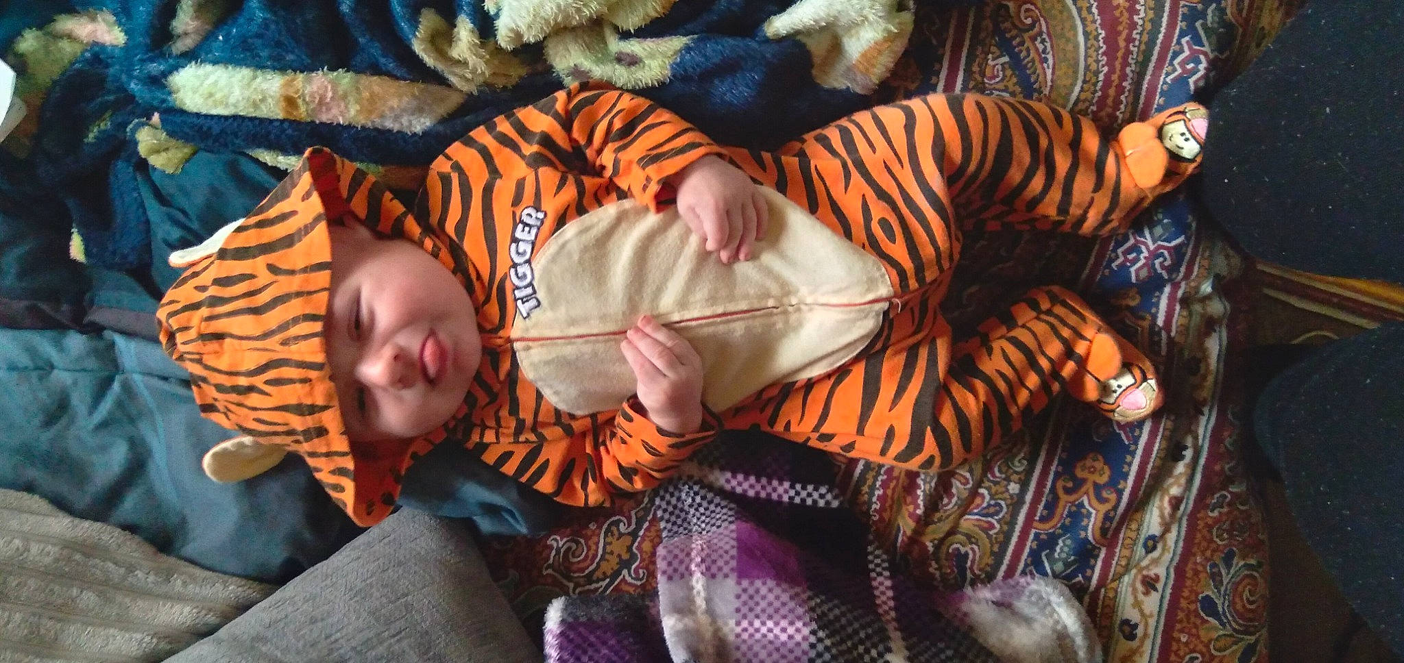 Holtyn is registered to the contest to win money with this photo: baby, baby_toddler_clothing, bengal_tiger, child, comfort, fawn, felidae, fun, fur, headgear, headwear, human_body, leg, linens, nap, orange, organism, pattern, person, toddler