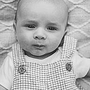 Waylon joined the competition — help win amazing prizes! baby, infant, portrait, black_and_white, close_up, face, expression, curious, clothing, overall, shirt, texture, blanket, lying_down, young_child, head, eyes, skin, person, monochrome