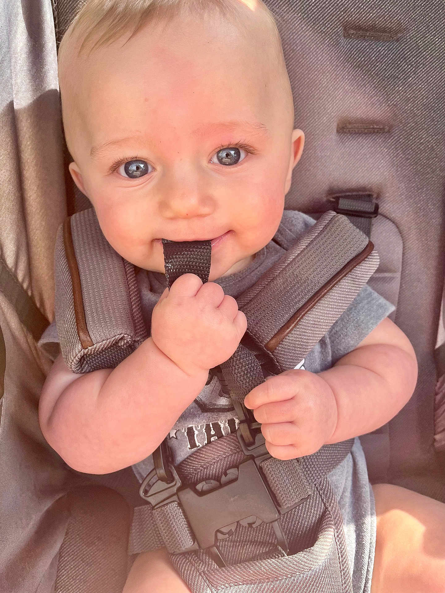 Percy is registered to the contest to win money with this photo: baby, infant, car_seat, child, cute, face, hand, straps, grip, smile, eyes, skin, clothing, seatbelt, safety, young_child, portrait, indoor, closeup, adorable