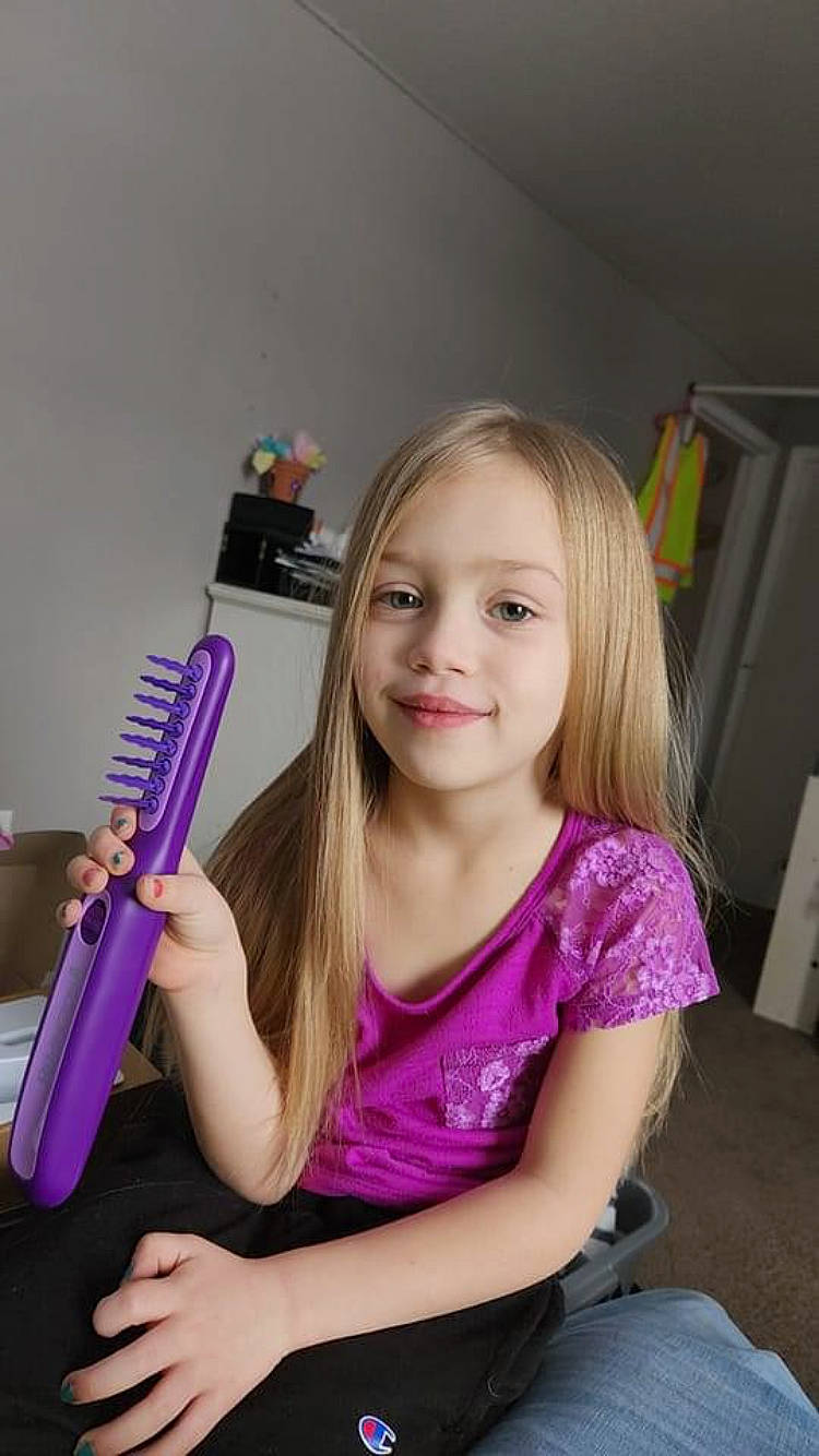 Piper joined the competition — help win amazing prizes! chair, child, electric_blue, eyebrow, eyelash, fun, hair_coloring, happy, human_leg, joy, long_hair, magenta, nail, office_supplies, person, pink, purple, room, sitting, smile