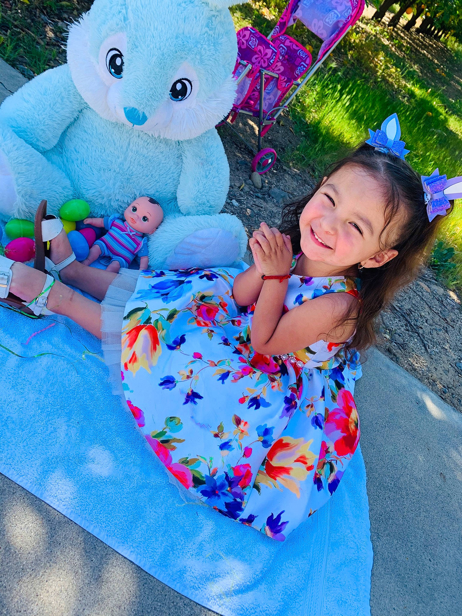 Juliet joined the competition — help win amazing prizes! azure, baby_toddler_clothing, electric_blue, fun, grass, happy, joy, leisure, magenta, pattern, person, pink, plant, purple, recreation, red, smile, stuffed_toy, teddy_bear, toddler