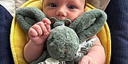 Noah participe au concours pour gagner de l'argent avec cette photo : baby, infant, pacifier, plush_toy, comforter, soft_texture, yellow_cushion, blue_cushion, hand, face, eyes, blanket, child, cute, indoor, portrait, seated, closeup, cozy, young