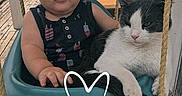 Jayce joined the competition — help win amazing prizes! baby, child, cat, swing, porch, wooden_floor, outdoor, summer, pet, animal, infant, cute, black_and_white_cat, playful, together, relaxing, daytime, clothing, tank_top, expression