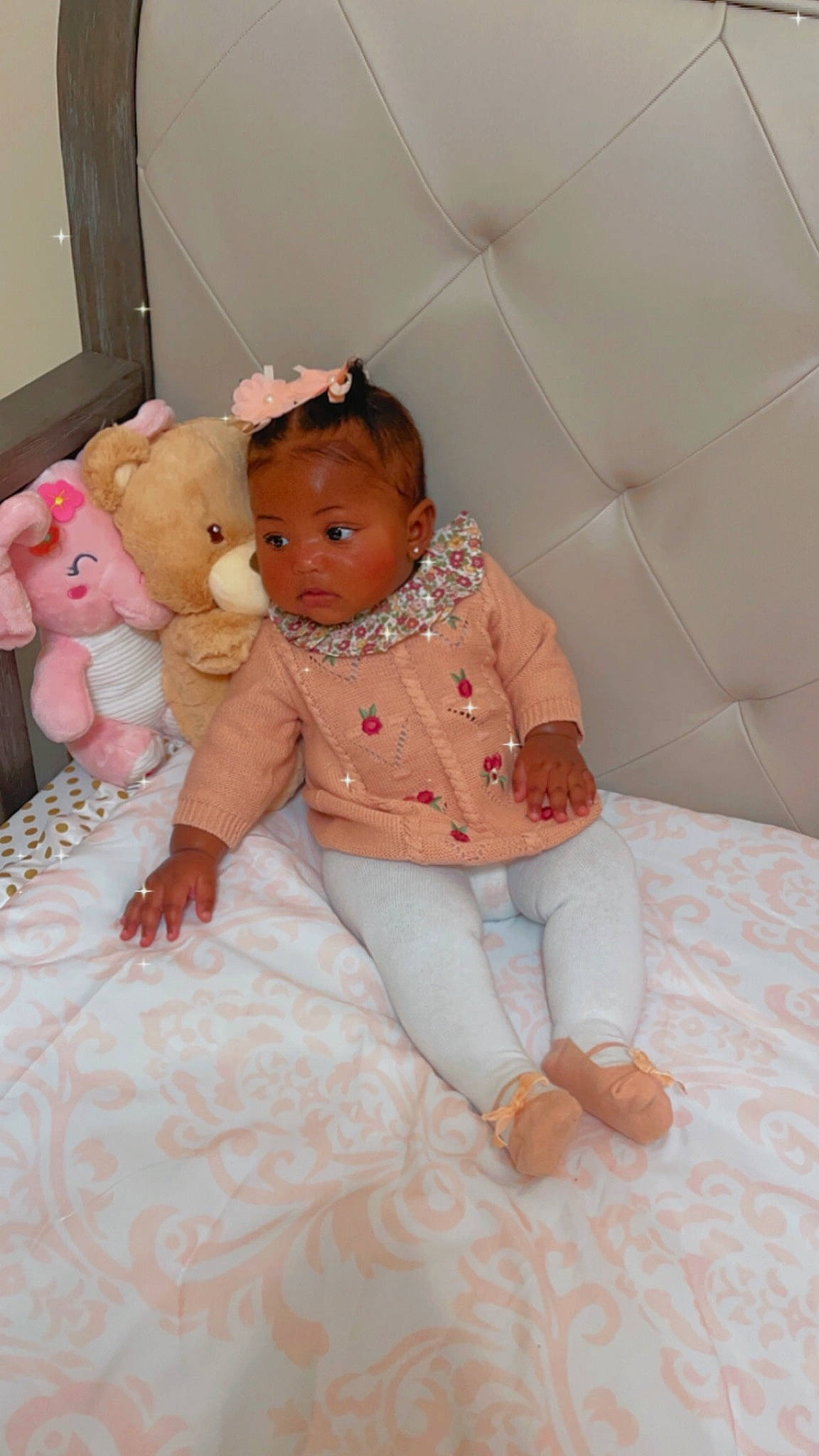 Ivy joined the competition — help win amazing prizes! baby, baby_toddler_clothing, cheek, child, comfort, flooring, happy, linens, pattern, person, pink, room, sitting, skin, sleeve, stuffed_toy, teddy_bear, textile, toddler, toy